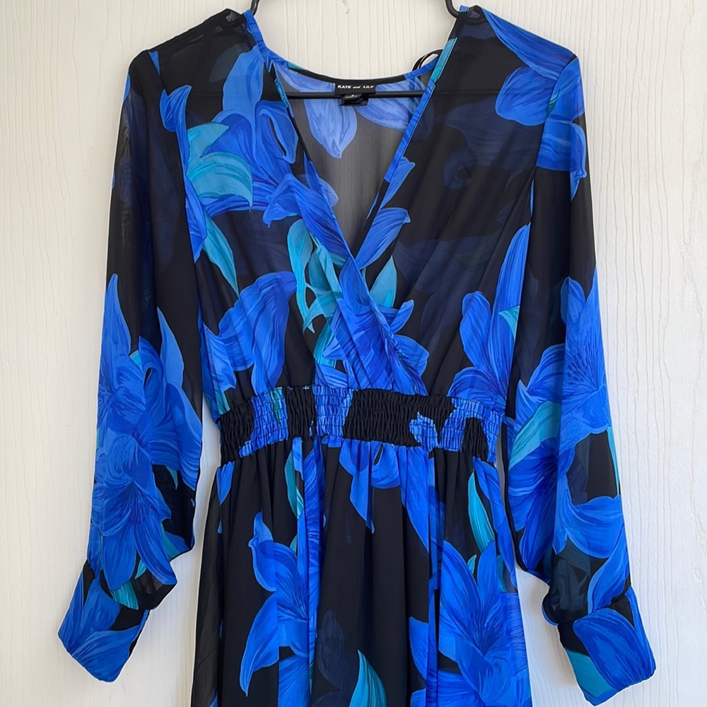 NWT black maxi dress blue floral long balloon sleeves full skirt w elastic waist